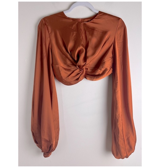 Andrea Iyamah | Bubble Sleeve Front Twist Satin Behati Rust Cropped Top | XS - Picture 7 of 15